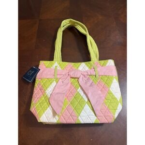 C&F Quilted Tote Bag Pink Green Argyle Bow Preppy Cottagecore Purse